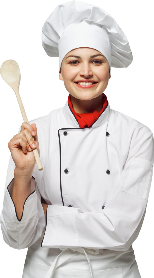 female chef holding a cooking spoon