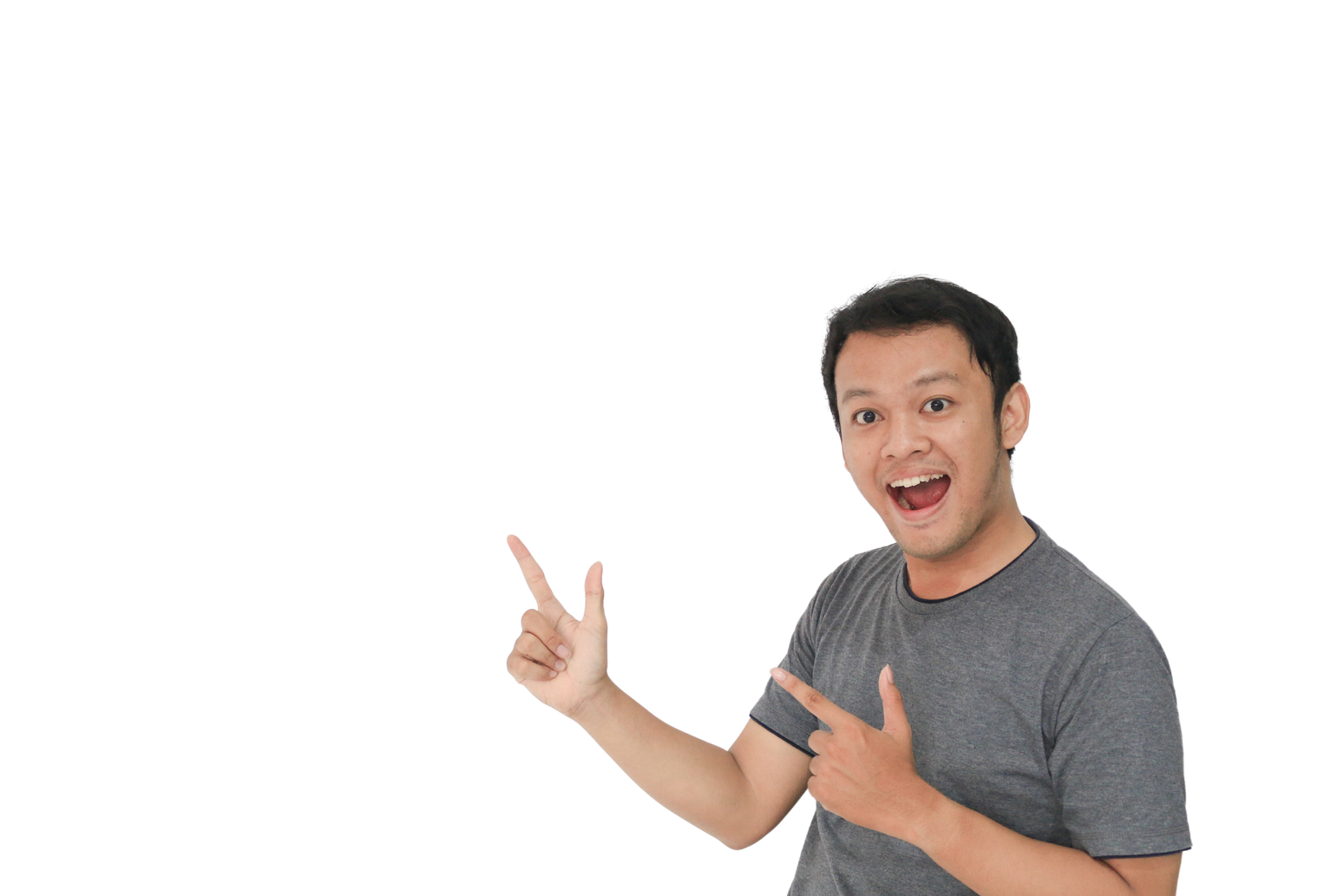 A person in a gray t-shirt is making a gesture with both hands, he is pointing to the words "WOW" and has an excited expression on his face